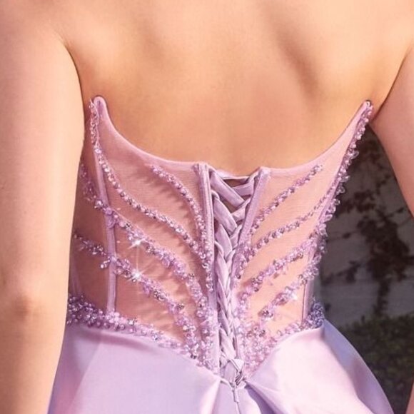 New Lavender Ceremonial Mikado Gown w/ Beaded Corset Bodice & Lace Up Back CD389 - Picture 12 of 14